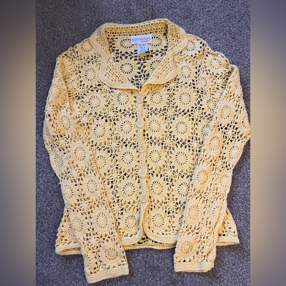 Vintage Yellow Crochet Cardigan (M)